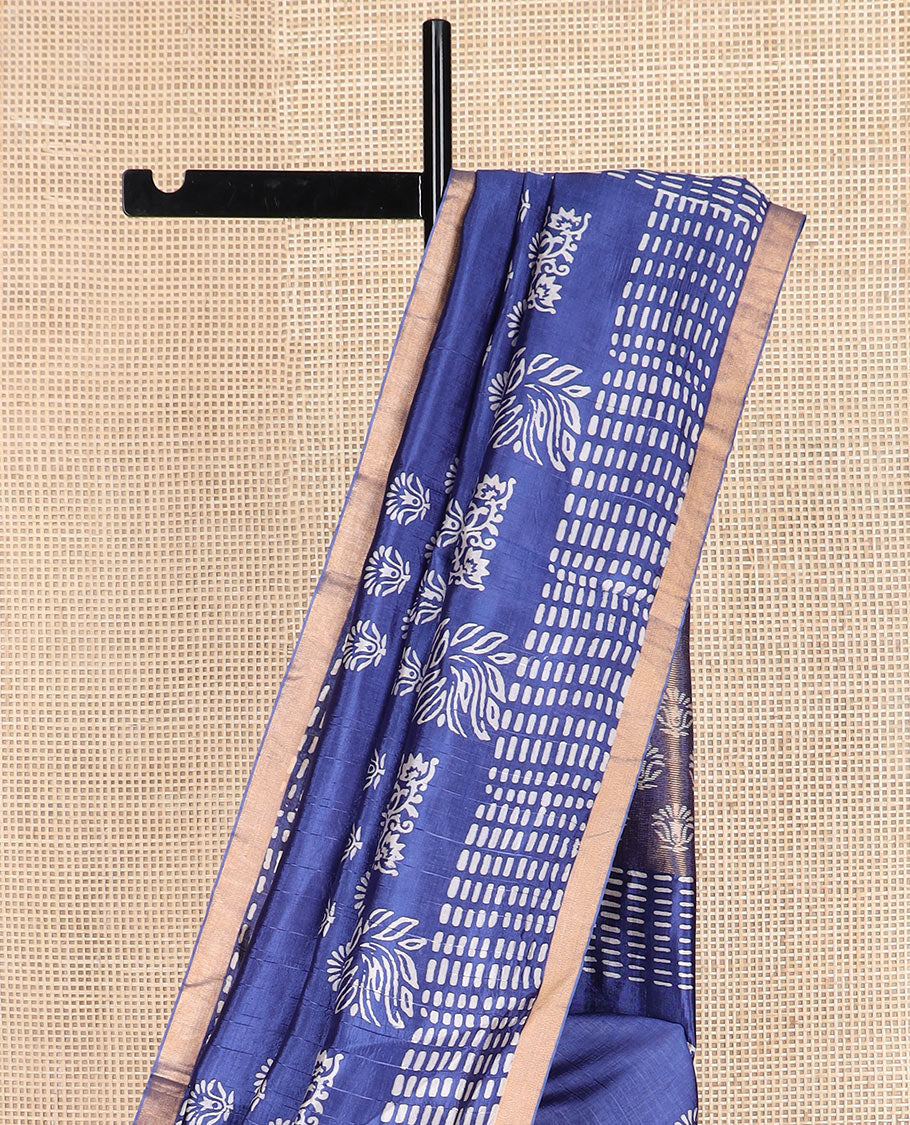 Blue floral and geometric printed banana pith saree, zari border, and printed pallu