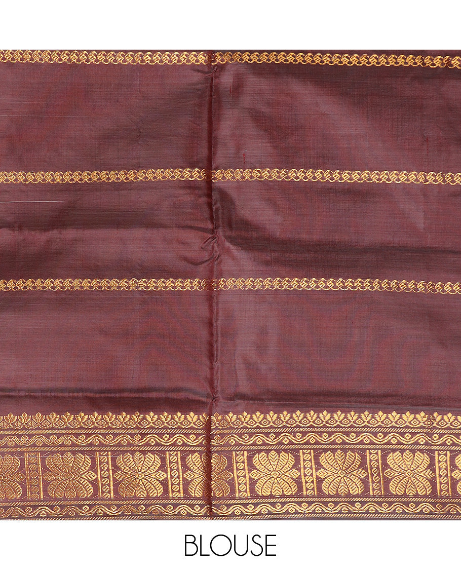 Peach zari striped banana pith saree, traditional zari border, and contrast pallu of zari designs