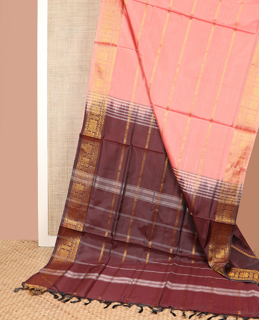 Peach zari striped banana pith saree, traditional zari border, and contrast pallu of zari designs