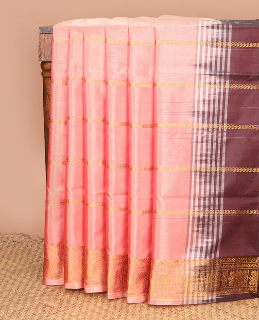 Peach zari striped banana pith saree, traditional zari border, and contrast pallu of zari designs