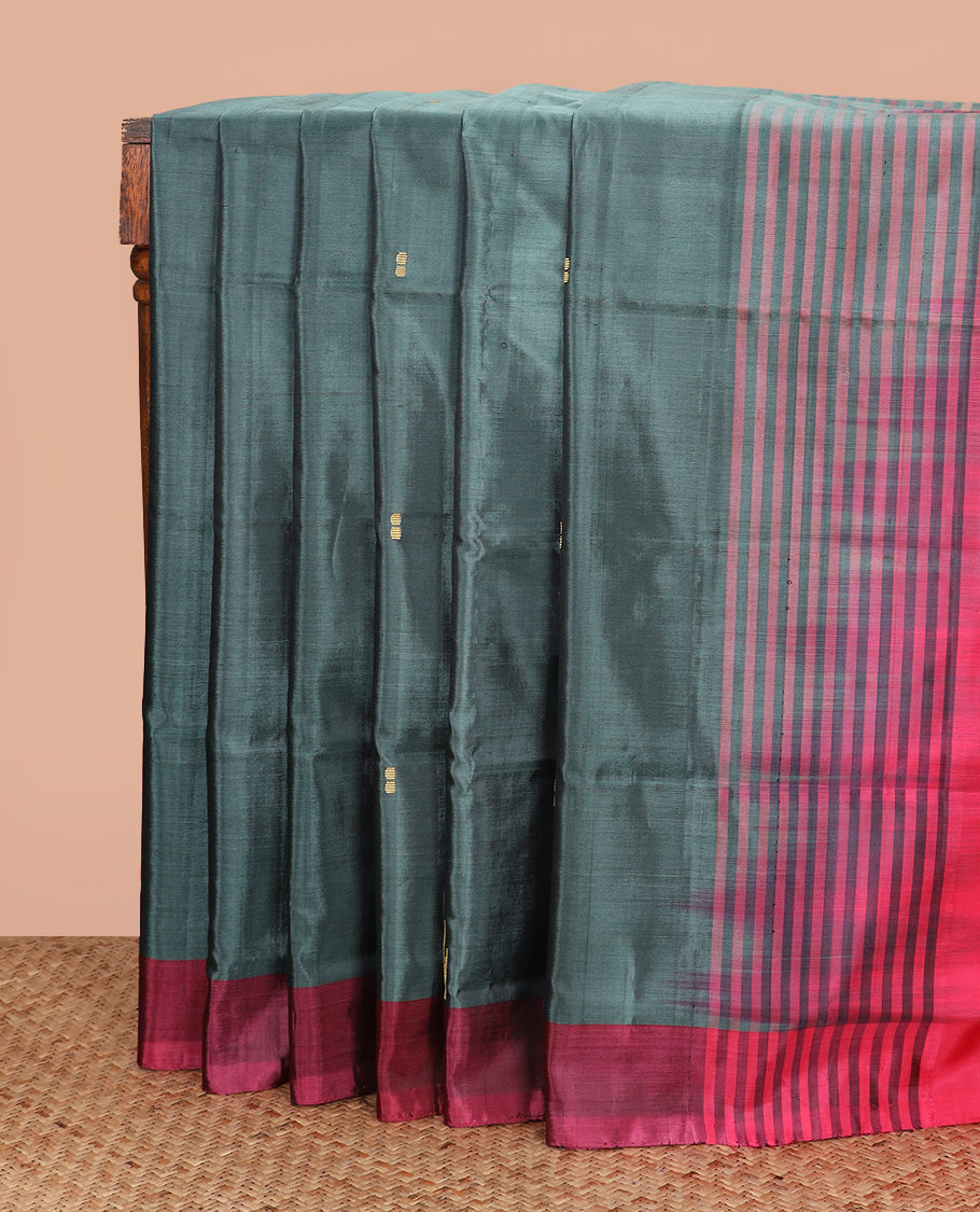 Green buttas Banana pith saree, contrast plain border, and pallu of stripes, and buttas