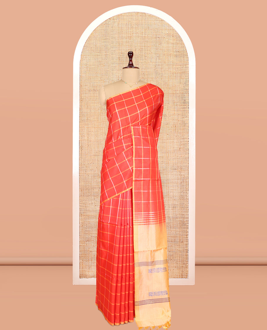 Borderless Red Checked Banana Pith Saree, a Contrast Pallu of Buttas and Stripes, and a Contrast Blouse