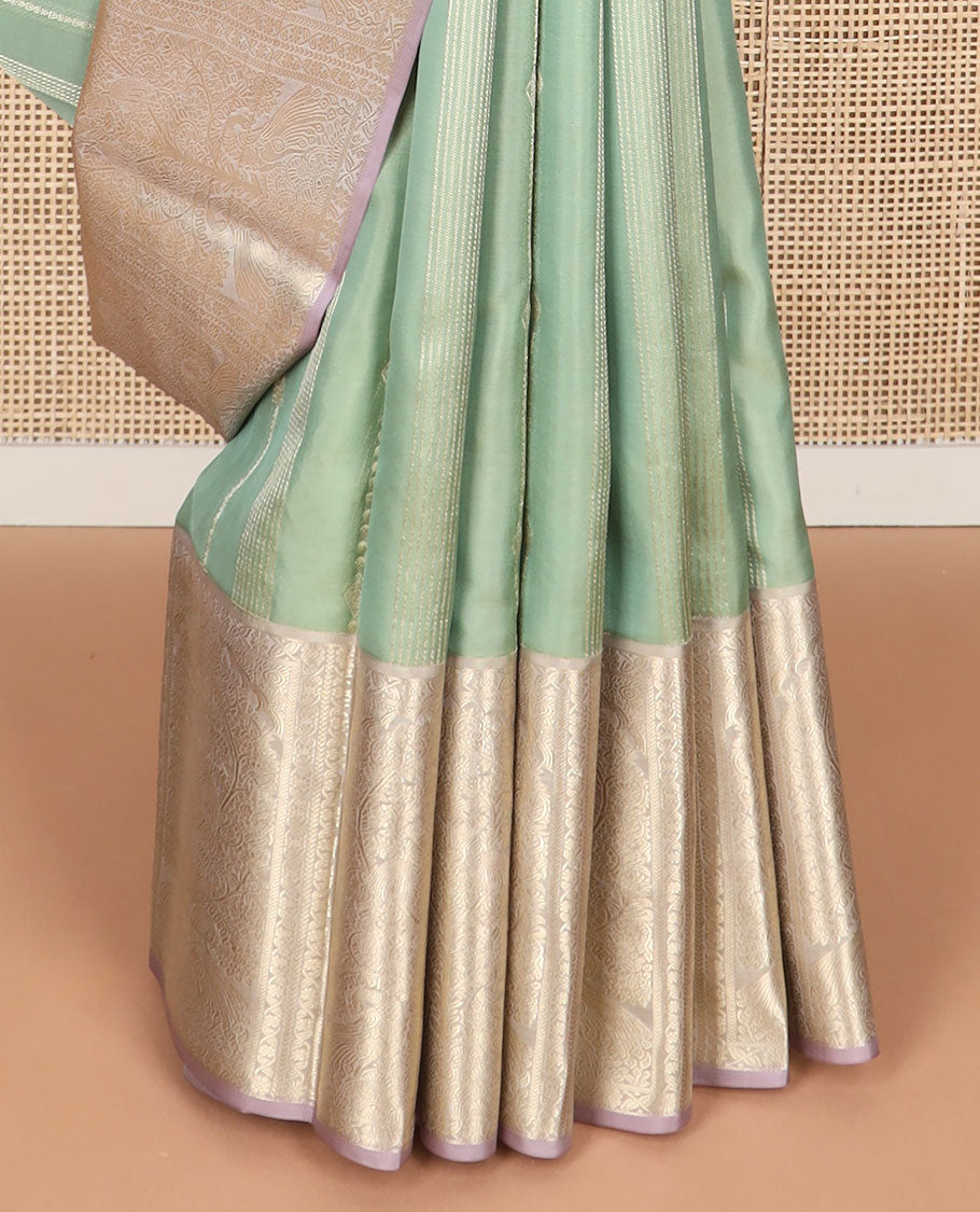 Mint striped  silk saree with contrast floral design border & argyle design pallu