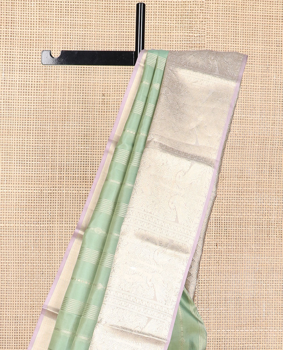 Mint striped  silk saree with contrast floral design border & argyle design pallu