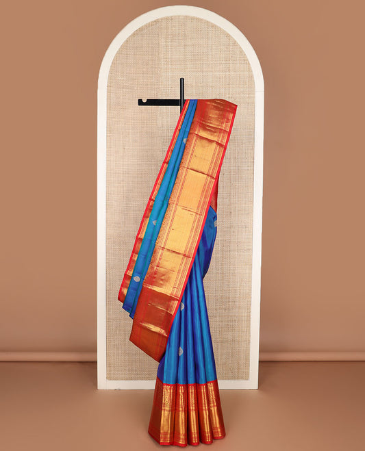 Blue zari buttas silk saree, contrast big border steeped with traditional kanchi designs & zari-rich jaal pallu