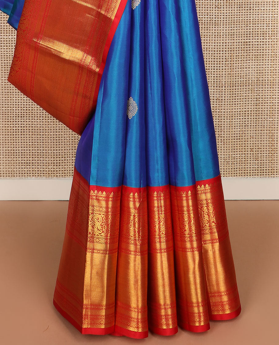 Blue zari buttas silk saree, contrast big border steeped with traditional kanchi designs & zari-rich jaal pallu