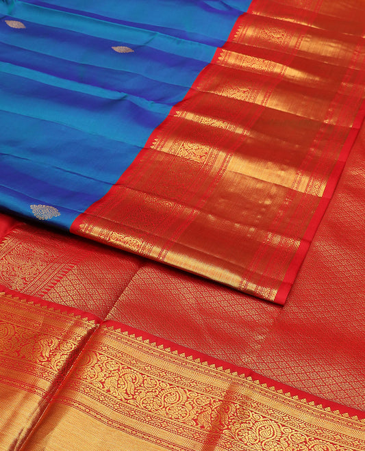 Blue zari buttas silk saree, contrast big border steeped with traditional kanchi designs & zari-rich jaal pallu