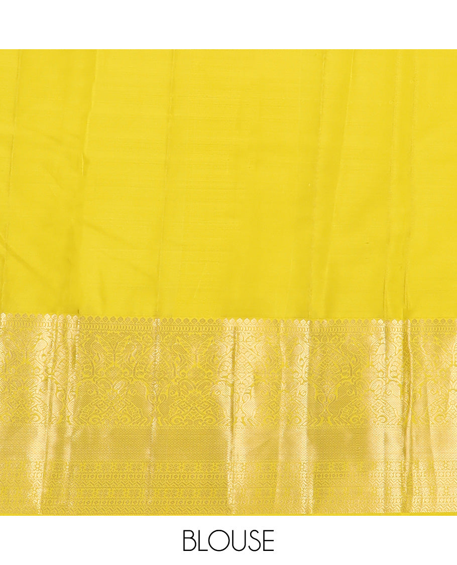 Red zari buttas silk saree, contrast border of thilakam mokku, muthu, yaali, and mayil kann, and geometric pallu