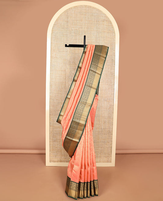 Peach floral design kancheepuram silk saree with contrast  border of intricate zari design border & floral design pallu