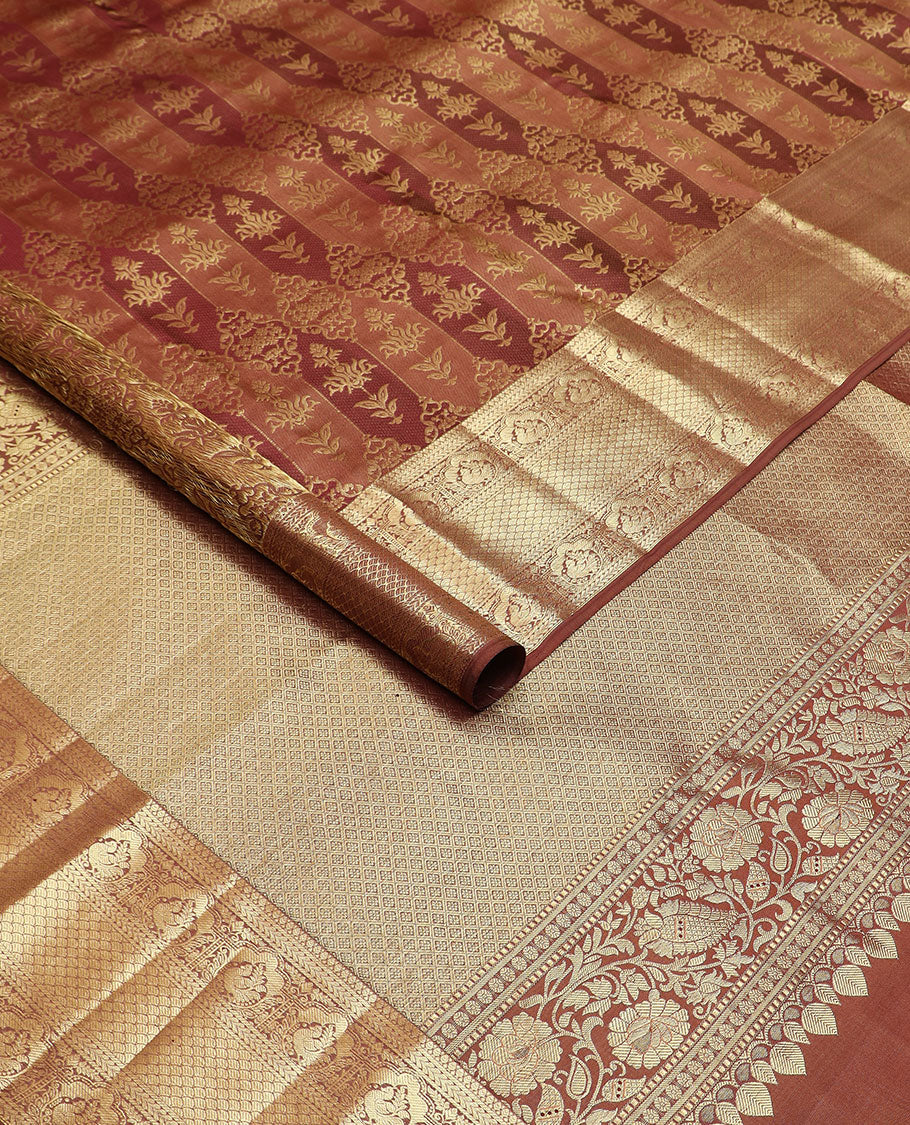Brown rangkat style jacquard Kanchipuram wedding silk saree, traditional zari border, and pallu of jaal in zari
