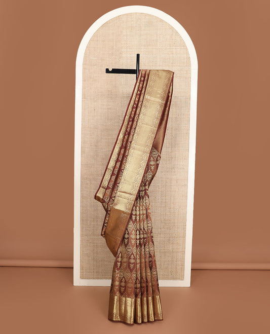 Brown rangkat style jacquard Kanchipuram wedding silk saree, traditional zari border, and pallu of jaal in zari