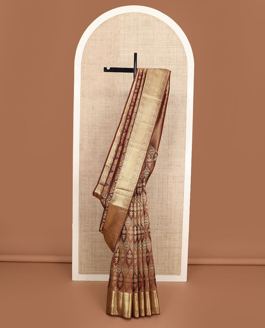 Brown rangkat style jacquard Kanchipuram wedding silk saree, traditional zari border, and pallu of jaal in zari
