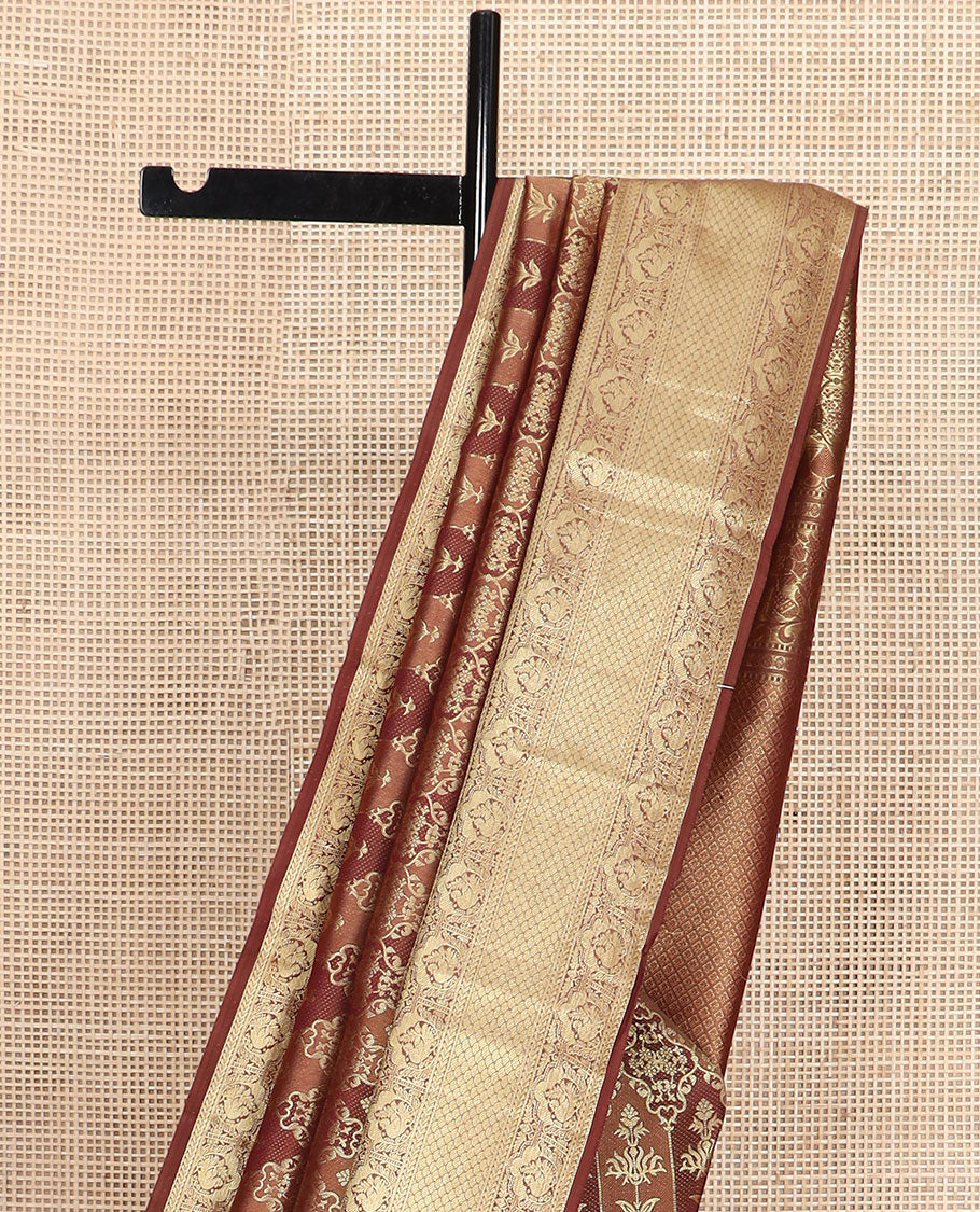 Brown rangkat style jacquard Kanchipuram wedding silk saree, traditional zari border, and pallu of jaal in zari