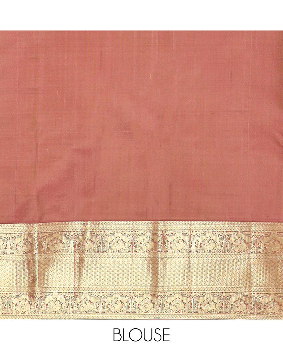Brown rangkat style jacquard Kanchipuram wedding silk saree, traditional zari border, and pallu of jaal in zari