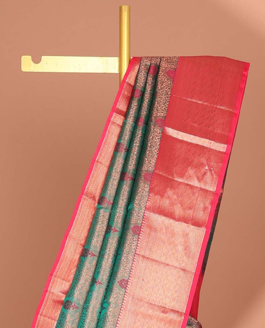 Green floral jacquard kancheepuram silk saree with contrast zari border & argyle zari design pallu