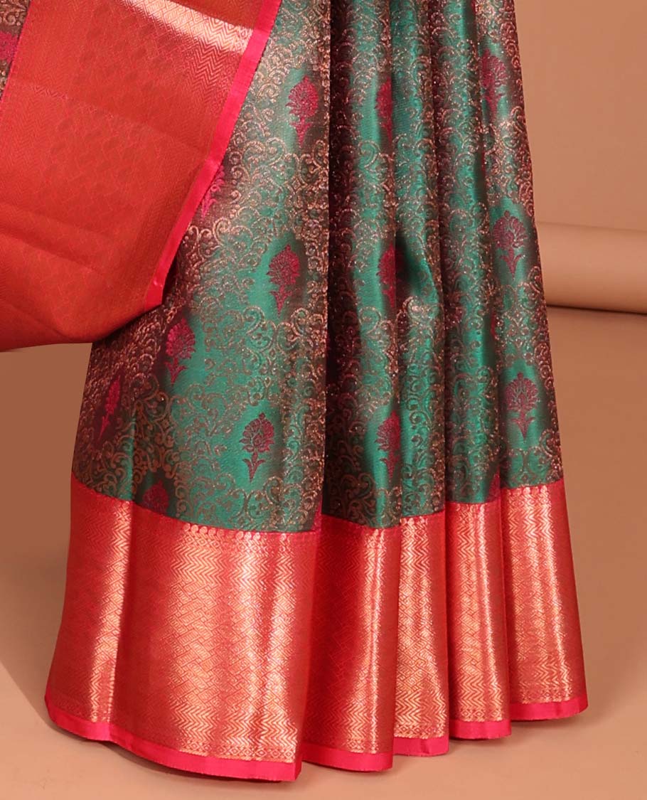 Green floral jacquard kancheepuram silk saree with contrast zari border & argyle zari design pallu