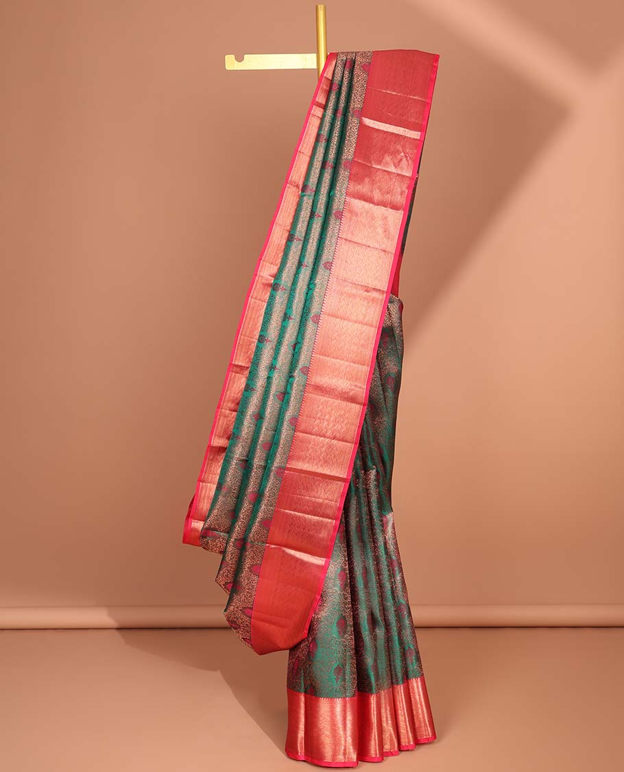 Green floral jacquard kancheepuram silk saree with contrast zari border & argyle zari design pallu