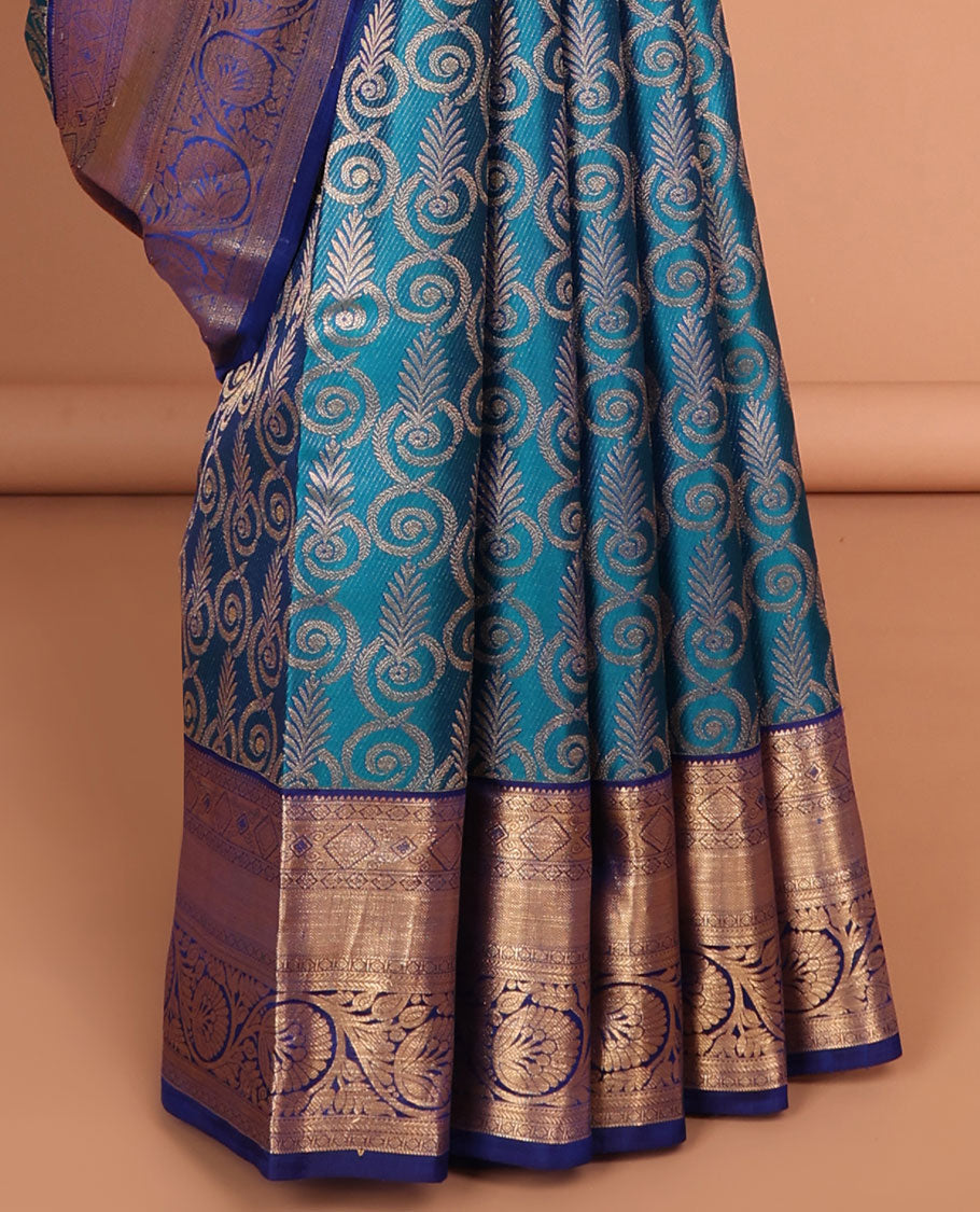 Blue leaf jacquard kancheepuram silk saree with contrast zari border & intricate zari design pallu
