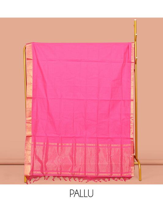 Pink Sparsely Striped Mangalgiri Cotton Saree, Highlighted by a Zari Border, Gleaming Zari-Striped Pallu, and Paired with a Matching Blouse