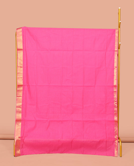 Pink Sparsely Striped Mangalgiri Cotton Saree, Highlighted by a Zari Border, Gleaming Zari-Striped Pallu, and Paired with a Matching Blouse