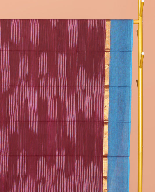 Maroon Ikat Textured Chirala Cotton Saree, a Contrast Border, Self-Pallu, and a Matching Blouse