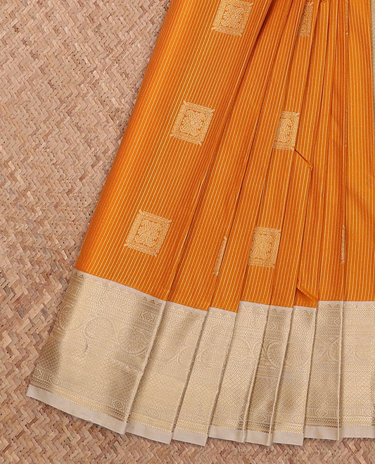Orange stripes and square buttas gift saree, contrast traditional zari design rettai pettu border, and jaal pallu