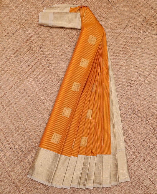 Orange stripes and square buttas gift saree, contrast traditional zari design rettai pettu border, and jaal pallu