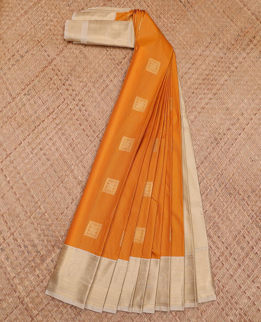 Orange stripes and square buttas gift saree, contrast traditional zari design rettai pettu border, and jaal pallu