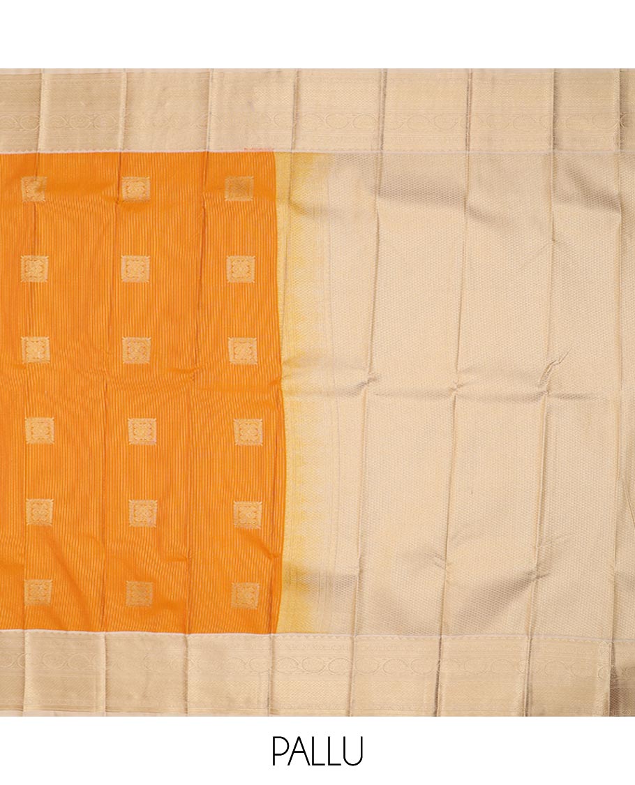 Orange stripes and square buttas gift saree, contrast traditional zari design rettai pettu border, and jaal pallu