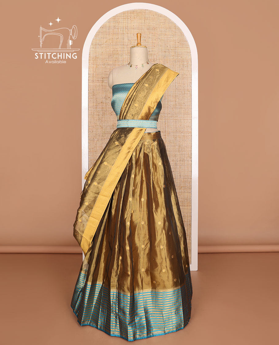 Brown buttas tissue half saree with contrast zari design border, zari design blouse & floral design dhavani