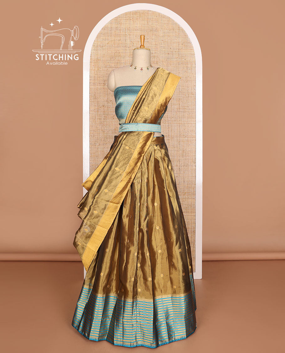 Brown buttas tissue half saree with contrast zari design border, zari design blouse & floral design dhavani