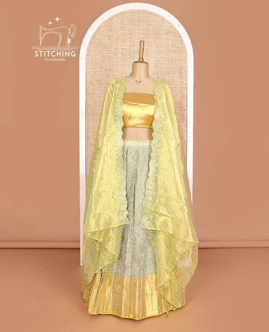 Pastel pink art silk half-saree, floral vine with contrast traditional border skirt, brocade blouse, scallop embroidered dhavani, and detachable belt