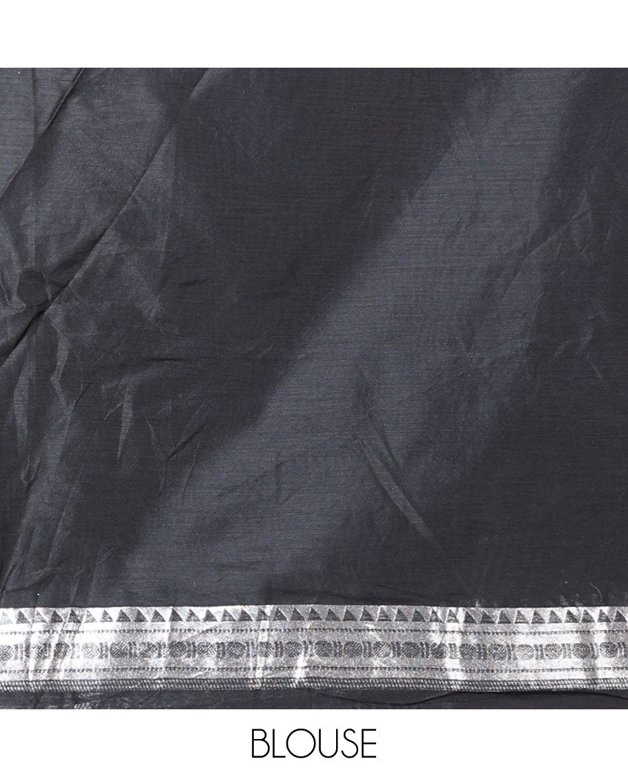 Maroon art-silk half-saree, plain with contrast temple traditional design bordered skirt, contrast blouse, and plain zari bordered dhavani