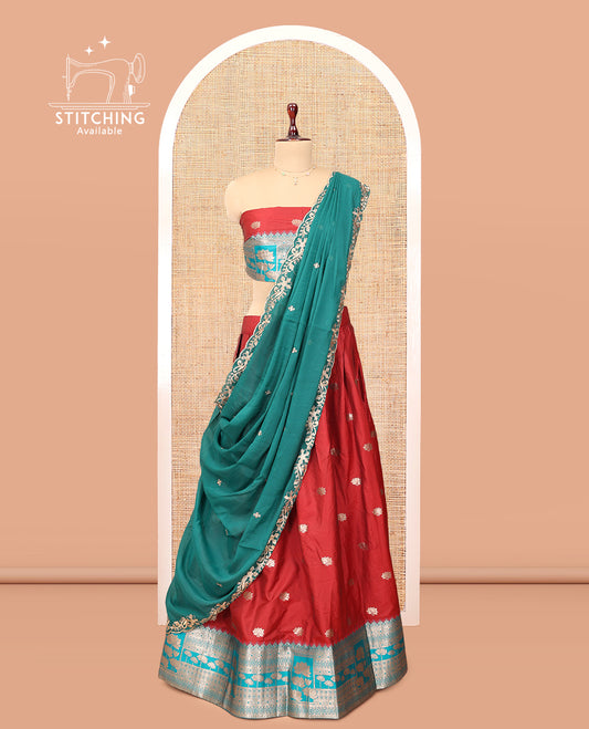 Rust Banarasi Half-Saree, Adorned with Zari Buttas Skirt, a Contrast Traditional Border, Matching Embroidered Blouse, and Contrast Scallop Embroidered Dupatta
