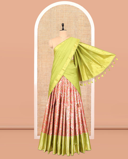 Orange Art Silk Material Half Saree Set Featuring a Zari Buttas and Checked Skirt, a Contrast Traditional Zari Design Border, Contrast Blouse, and Zari Designs Dhavani