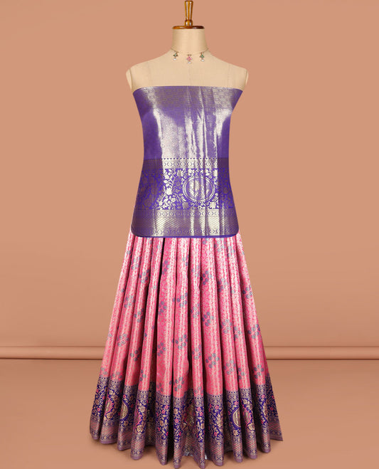 Bright pink art silk half saree, floral meena jacquard with contrast traditional floral design border skirt, jacquard contrast blouse, and zari woven dhavani