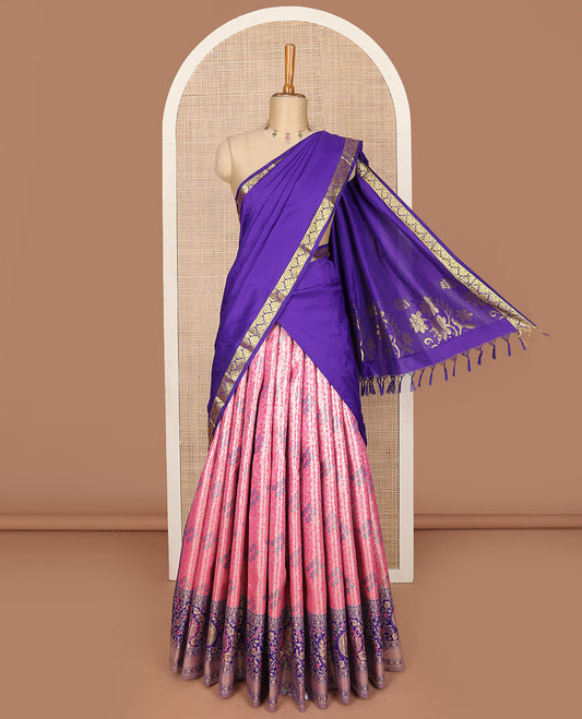 Bright pink art silk half saree, floral meena jacquard with contrast traditional floral design border skirt, jacquard contrast blouse, and zari woven dhavani