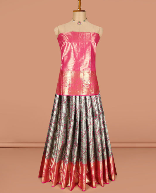 Grey art silk half-saree pavadai material, jacquard with contrast traditional border skirt, jacquard blouse, and zari design dhavani