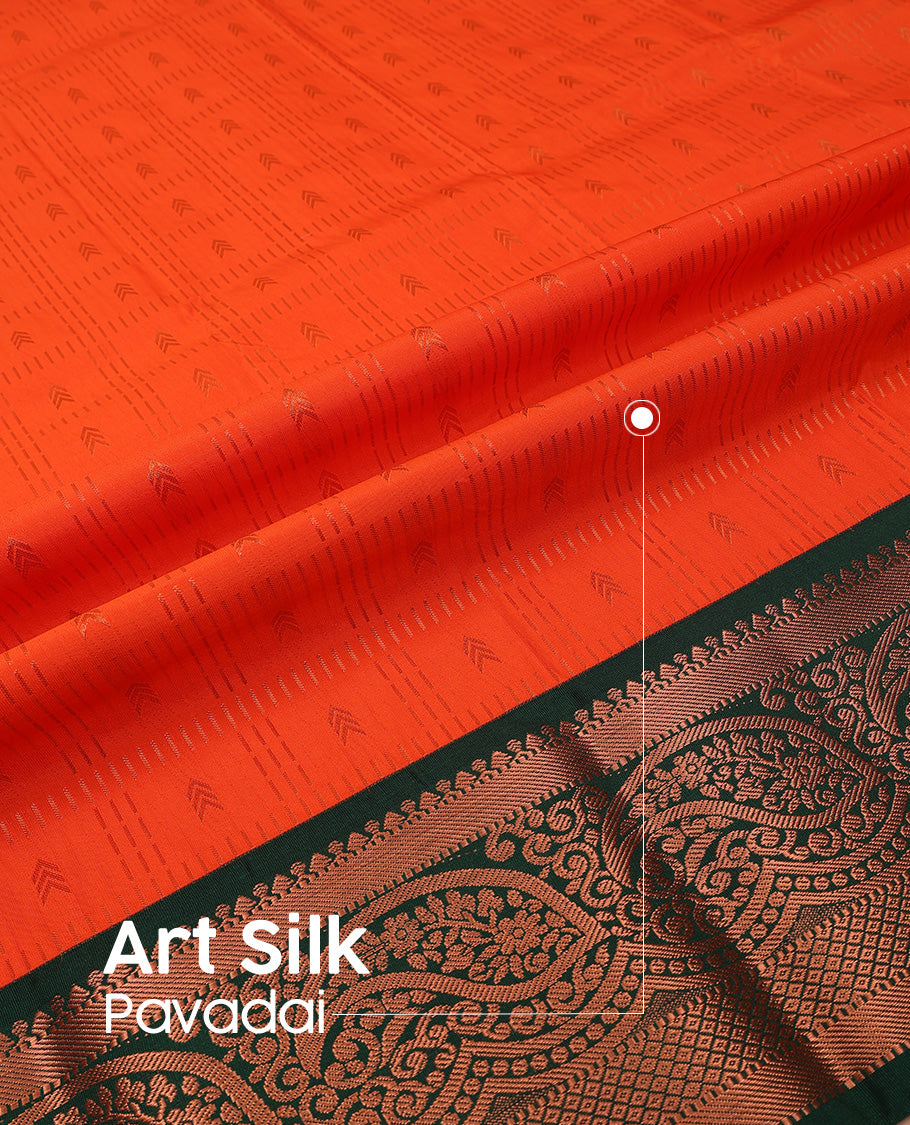 Orange art silk pavadai set, zari design with contrast traditional zari bordered skirt and a contrast zari border blouse