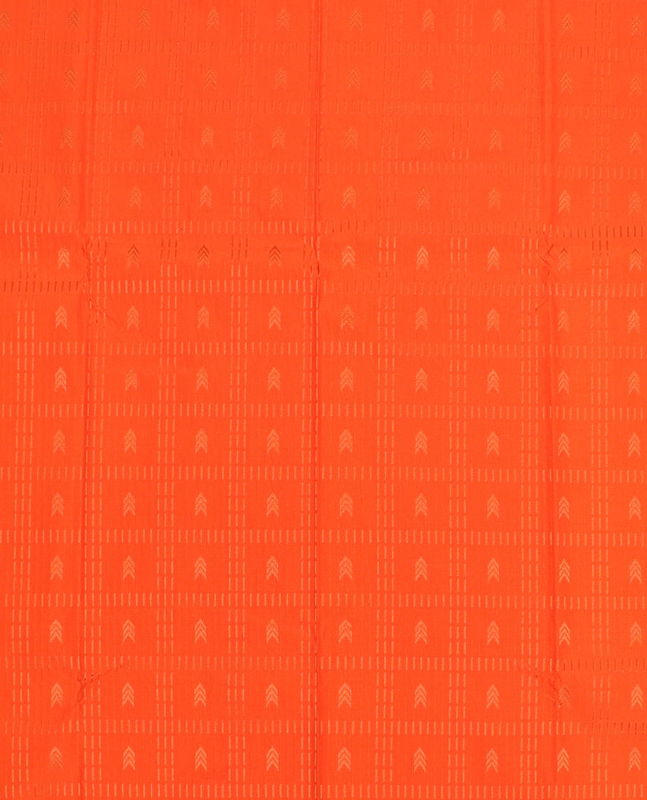 Orange art silk pavadai set, zari design with contrast traditional zari bordered skirt and a contrast zari border blouse