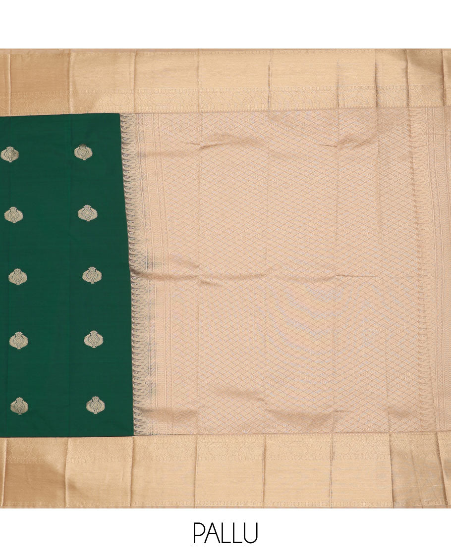 Green zari buttas gift saree, contrast traditional zari design border, and jaal pallu