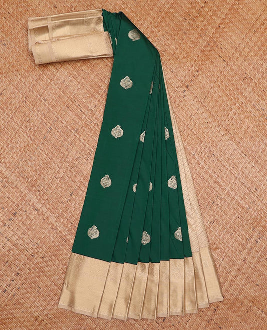Green zari buttas gift saree, contrast traditional zari design border, and jaal pallu