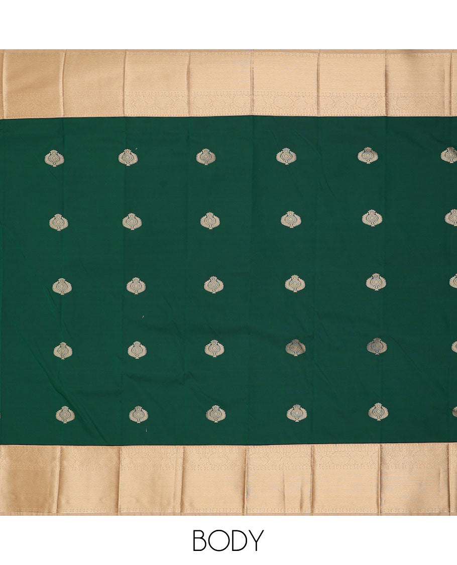Green zari buttas gift saree, contrast traditional zari design border, and jaal pallu