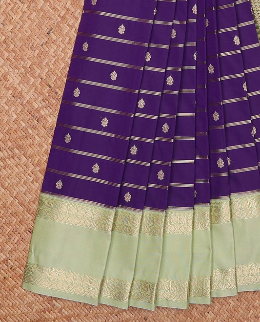 Violet zari buttas and striped gift saree, contrast traditional zari design rettai pettu border, and jaal pallu