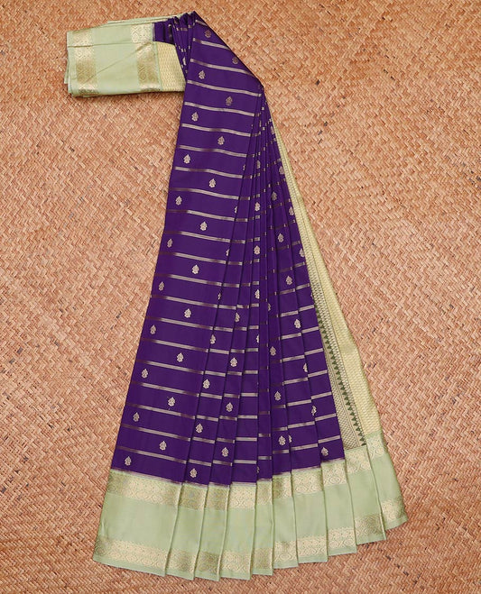 Violet zari buttas and striped gift saree, contrast traditional zari design rettai pettu border, and jaal pallu