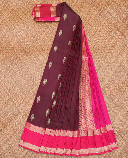 Maroon Budget Silk Saree, Embellished with Buttas All Over Its Body, Complemented by a Contrast Traditional Zari Design Rettai Pettu Border, Grand Pallu of Jaal Designs, and Paired with a Contrast Blouse