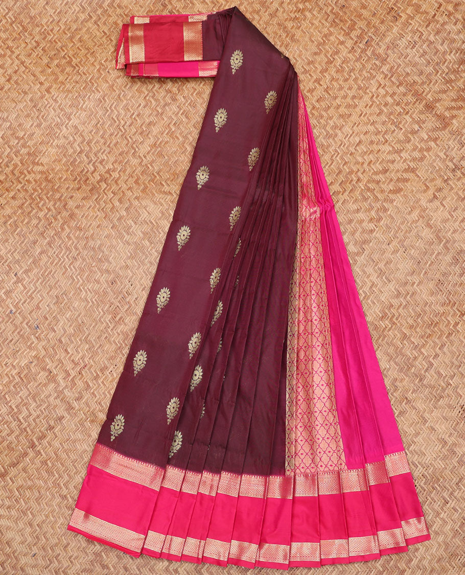 Maroon Budget Silk Saree, Embellished with Buttas All Over Its Body, Complemented by a Contrast Traditional Zari Design Rettai Pettu Border, Grand Pallu of Jaal Designs, and Paired with a Contrast Blouse