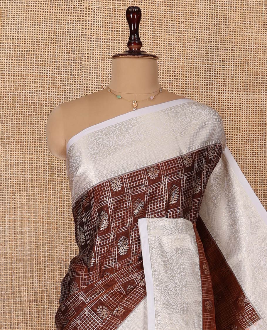 Brown Budget Silk Saree, Ornamented with Peacock and Elephant Motif Enclosed Checks, Complemented by a Contrast Traditional Zari Designs Woven Border, Pallu of Jaal Designs, and Paired with a Contrast Blouse