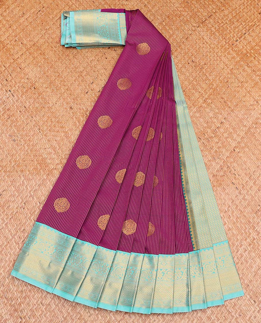 Purple Budget Silk Saree, Ornamented with Zari Buttas and Stripes All Over Its Body, Complemented by a Contrast Traditional Zari Design Border, Jaal Pallu, and Paired with a Contrast Blouse
