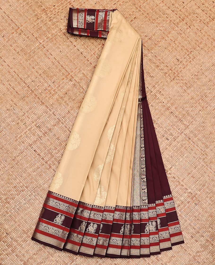Sandal Budget Silk Saree, Subtly Sparkled with Round Zari Buttas All Over Its Body, Complemented by Contrast Traditional Zari Designs Woven Border, Grand Jaal Pallu and Paired with a Contrast Blouse